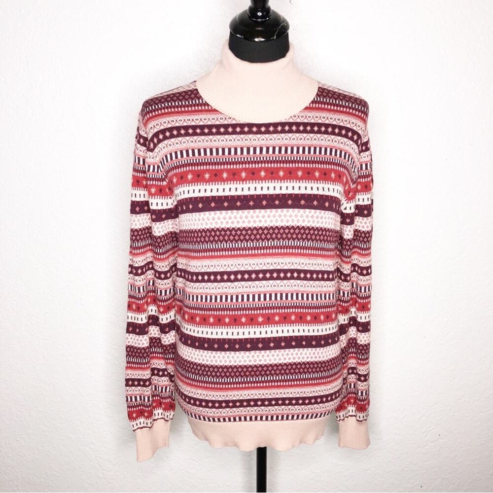 Ann Taylor pink maroon fair isle striped turtleneck sweater size Large